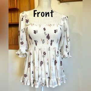 Free People XS Mesh Floral Peasant Top